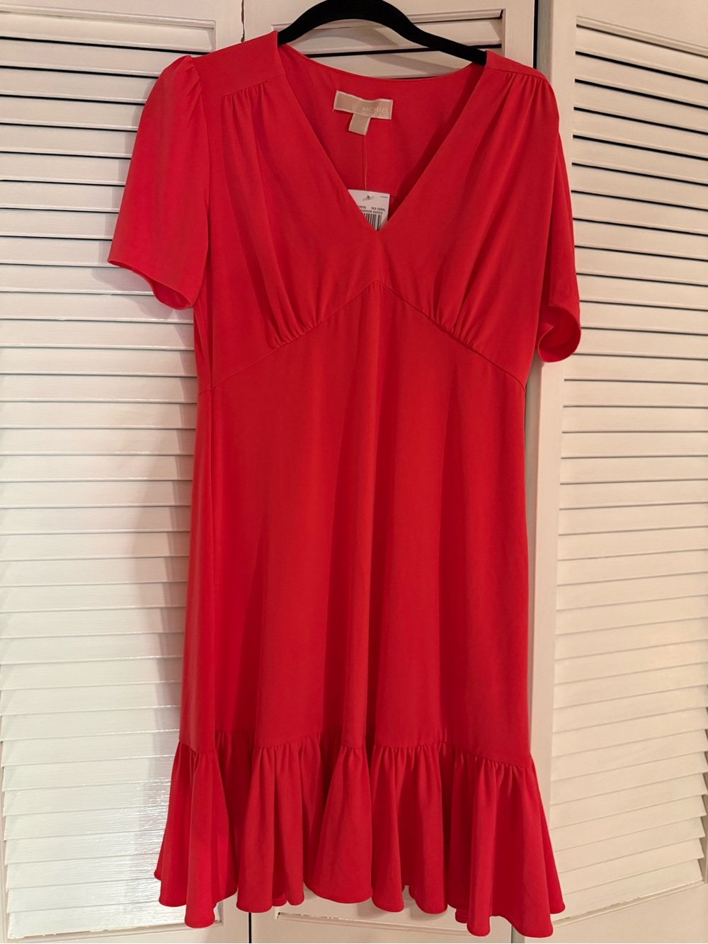 Apple Red Michael Kors V-Neck Short Sleeve Ruffle Hem Dress
